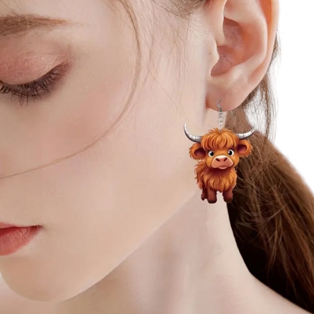 Brown Highland Cartoon Cow Acrylic Drop Earrings